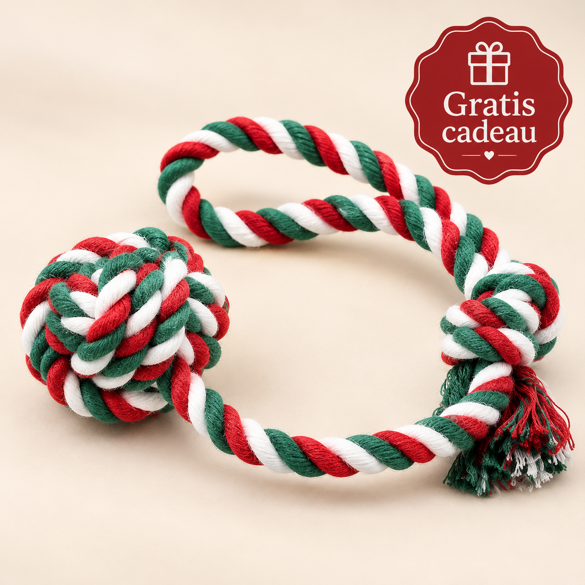 Gratis Hondenspeeltje – rood-groen-wit speeltouw