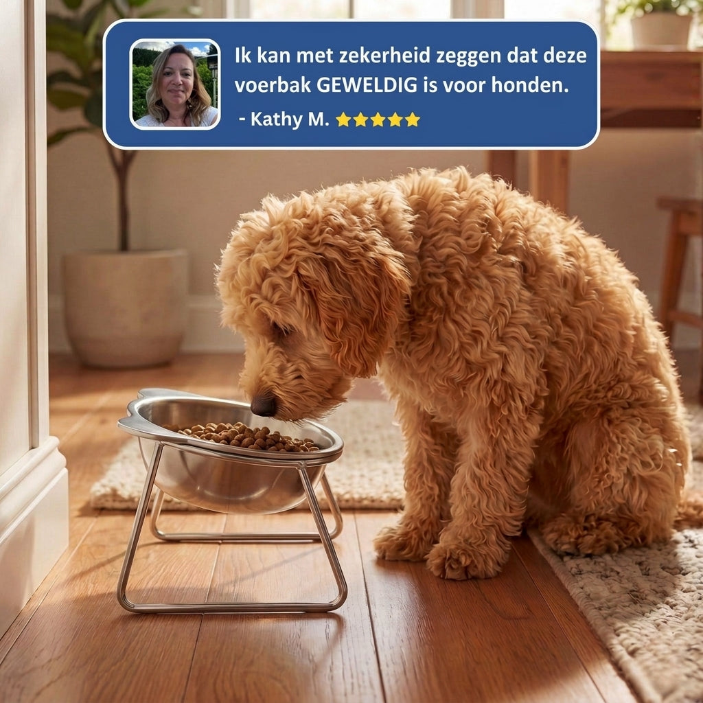 Hond eet uit verhoogde voerbak