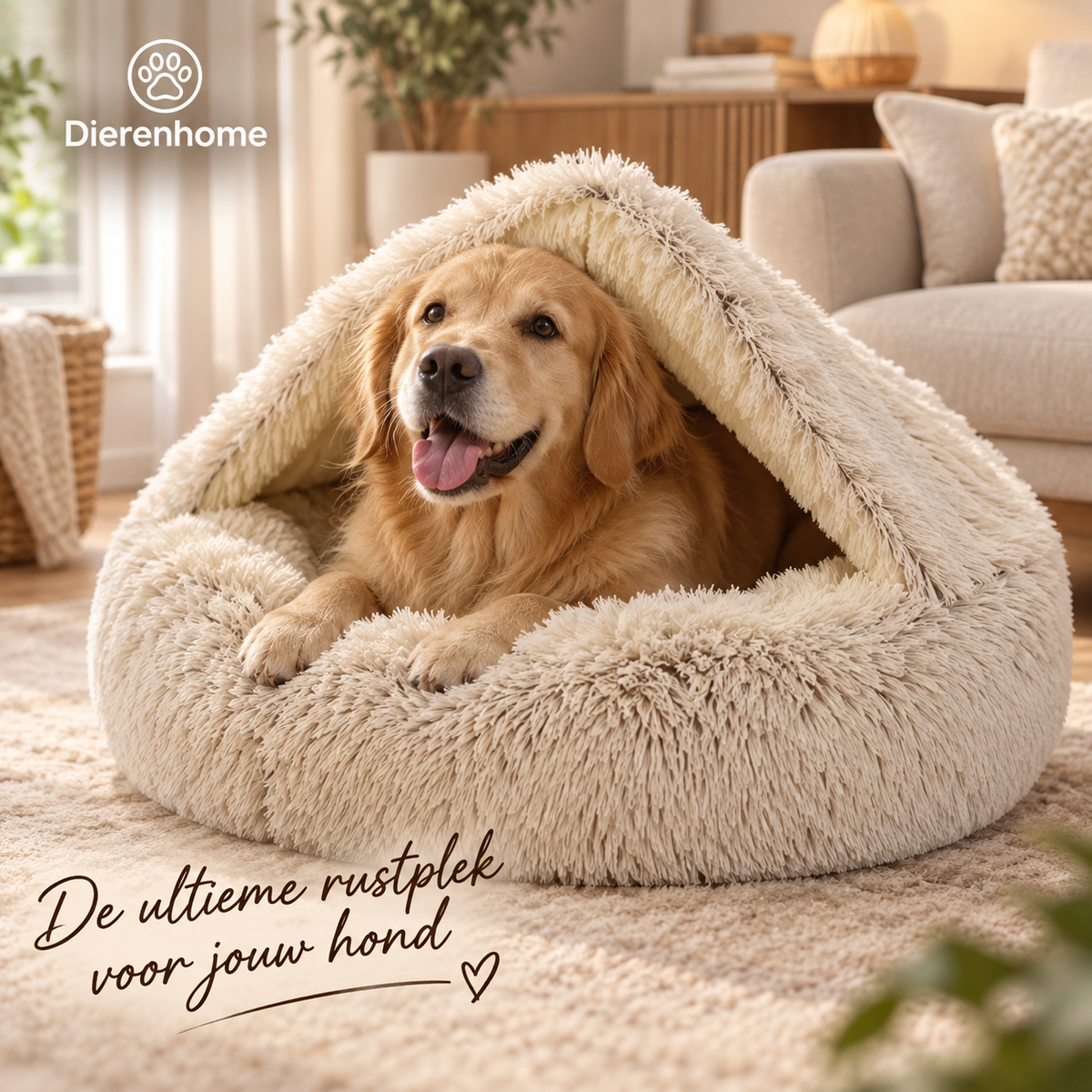 Beige CozyPet hondenmand met hond in een warm interieur