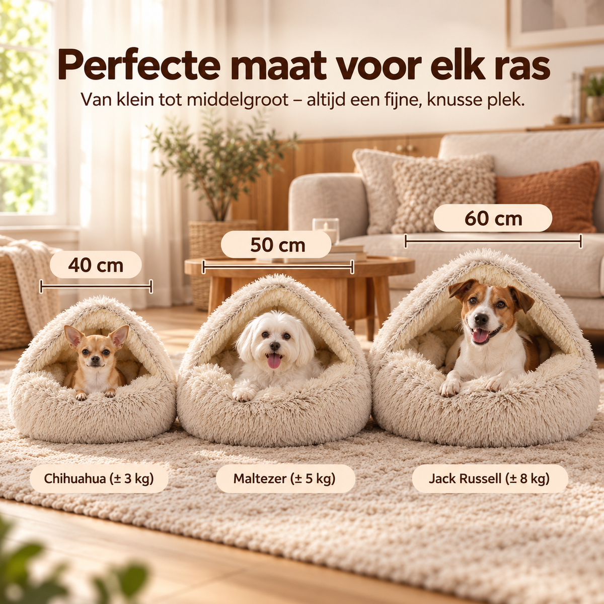 CozyPet maten 40, 50 en 60 cm, illustratieve vergelijking met drie hondenrassen