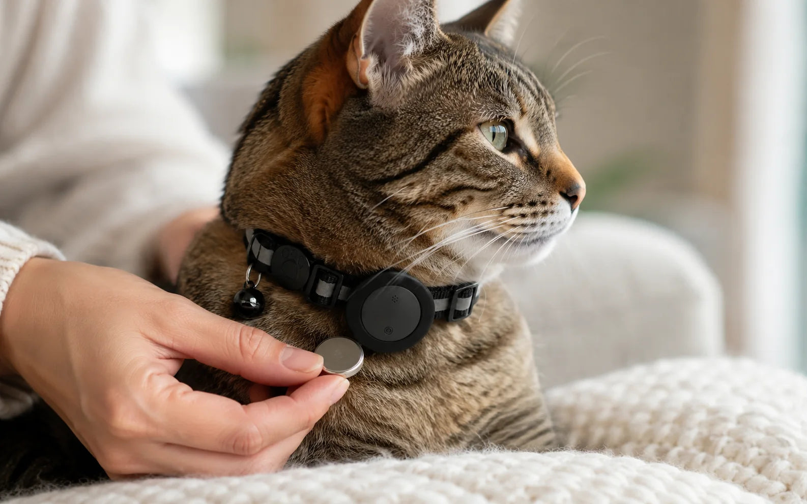 Knoopcelbatterij naast de Félis-tracker die door een kat wordt gedragen